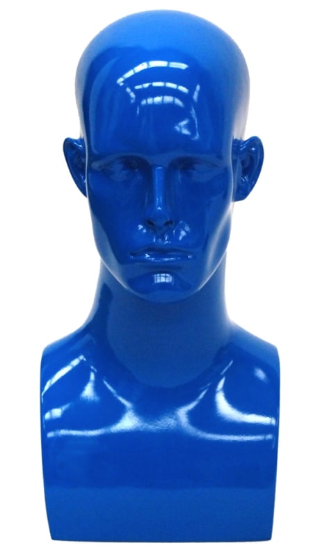 Glossy blue male mannequin head named Sam for retail accessory and headwear display. Glossy blue male mannequin head named Sam for retail accessory and headwear display.