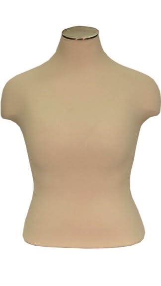 Plus size female blouse form featuring a beige jersey fabric cover shown on a retail display base.
