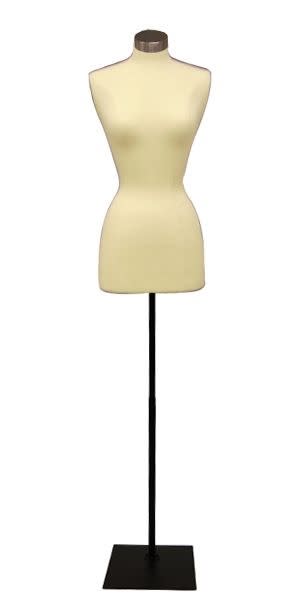 Female 3/4 torso mannequin size 6-8 covered in white linen with an adjustable brushed metal rectangular floor base and metal neck block.