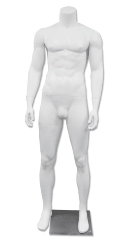 Gabe headless male mannequin in straight pose with arms at sides on glass base Gabe headless male mannequin in straight pose with arms at sides on glass base