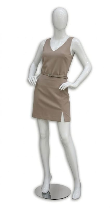 Glossy white full body female fiberglass mannequin with hands on hips egghead design and metal base for retail display
