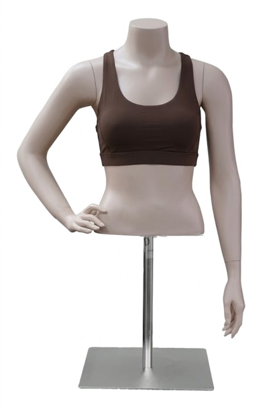 Female headless half torso display form mannequin bust for apparel retail clothing presentation