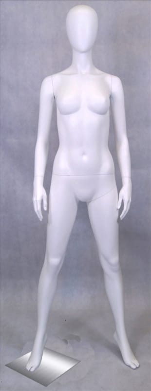 Modern matte white fiberglass female mannequin with an egg head design on a stable base with two supporting rods for retail display.