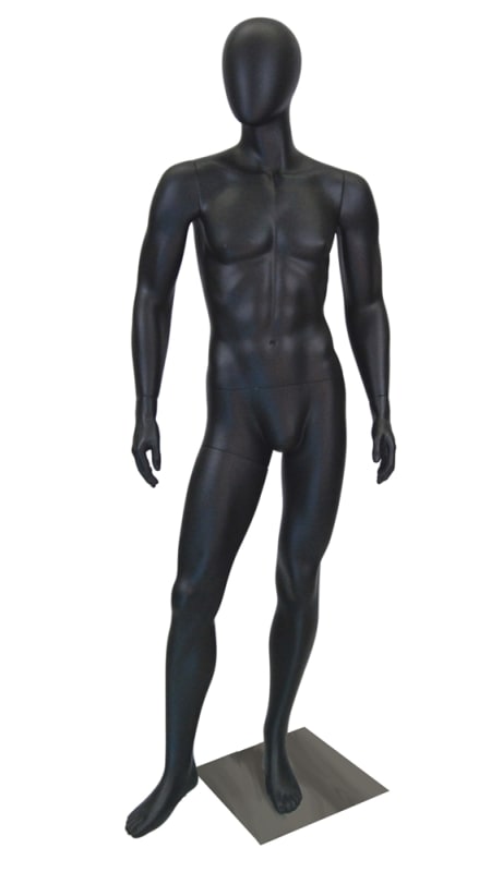 Satin black male egghead mannequin made of fiberglass standing on a round glass base.