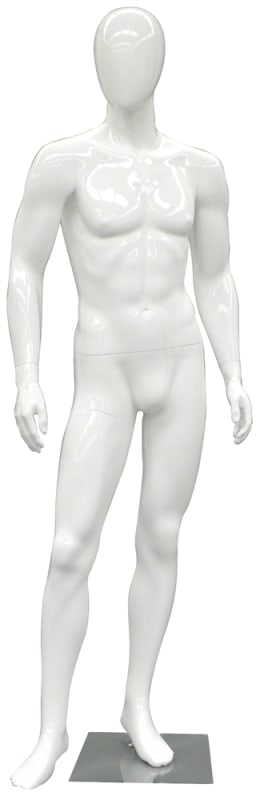 Glossy white male egghead mannequin made of fiberglass standing on a round glass base. Glossy white male egghead mannequin made of fiberglass standing on a round glass base.
