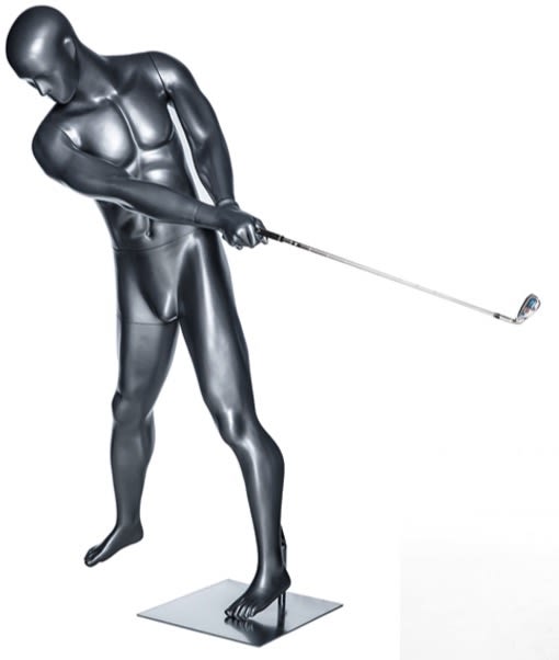 Glossy gray male swinging golfer sport mannequin for golf apparel and athletic retail display