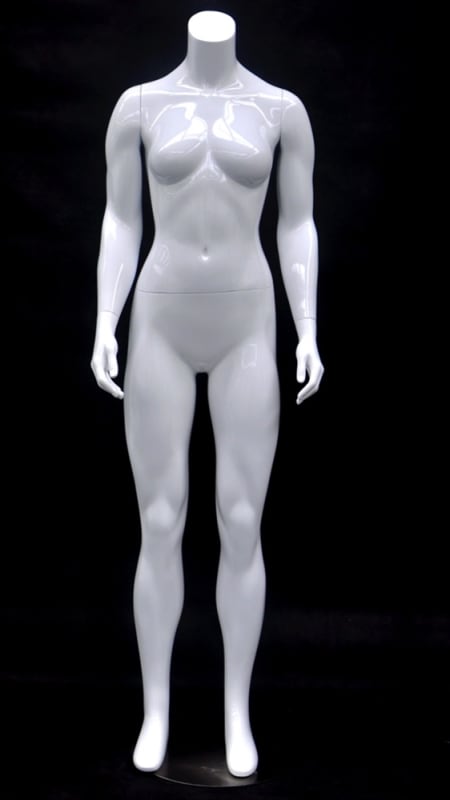 Glossy white headless female mannequin made of fiberglass in a standing pose with a metal base for retail clothing display.