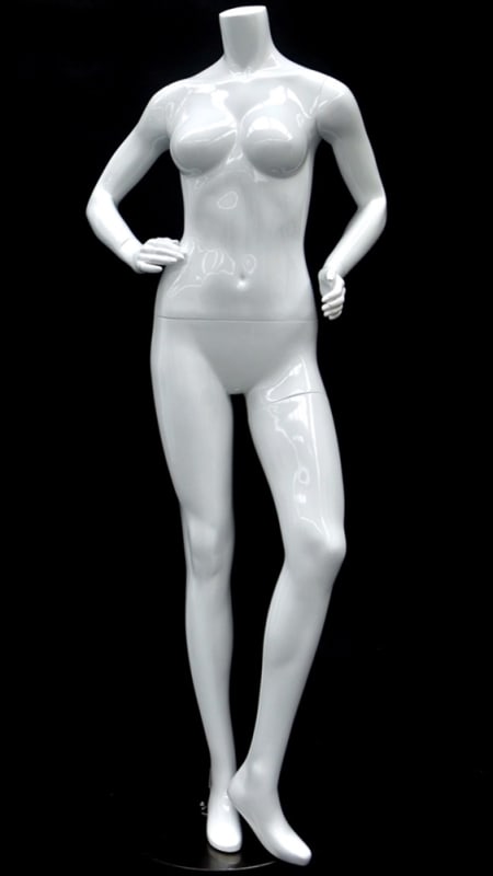Petite glossy white headless female mannequin in a hands-on-hips pose made of fiberglass with a metal base.