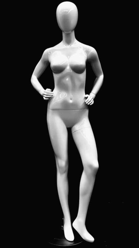 Glossy white petite female fiberglass mannequin in a straight-on pose with hands on hips and a round metal base.