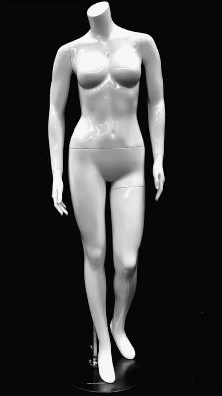 Petite glossy white headless female mannequin in a standing pose with bent left leg made of fiberglass with a metal base.