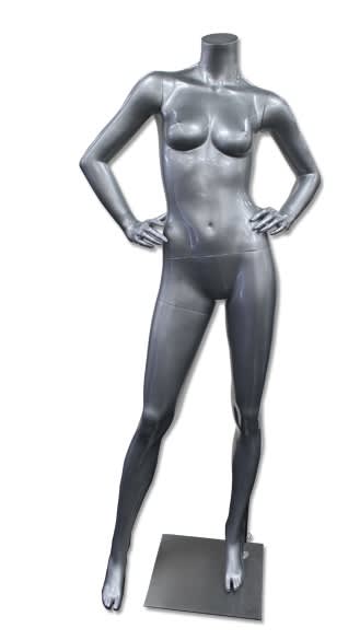 Glossy silver headless female mannequin with hands on hips fiberglass retail display form with base and rods Glossy silver headless female mannequin with hands on hips fiberglass retail display form with base and rods