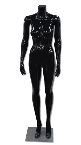 headless female mannequin with arms to side in gloss black fiberglass finish headless female mannequin with arms to side in gloss black fiberglass finish