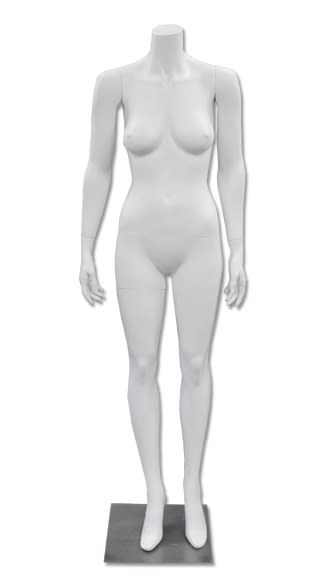 Headless female mannequin with arms to side in matte white fiberglass finish Headless female mannequin with arms to side in matte white fiberglass finish