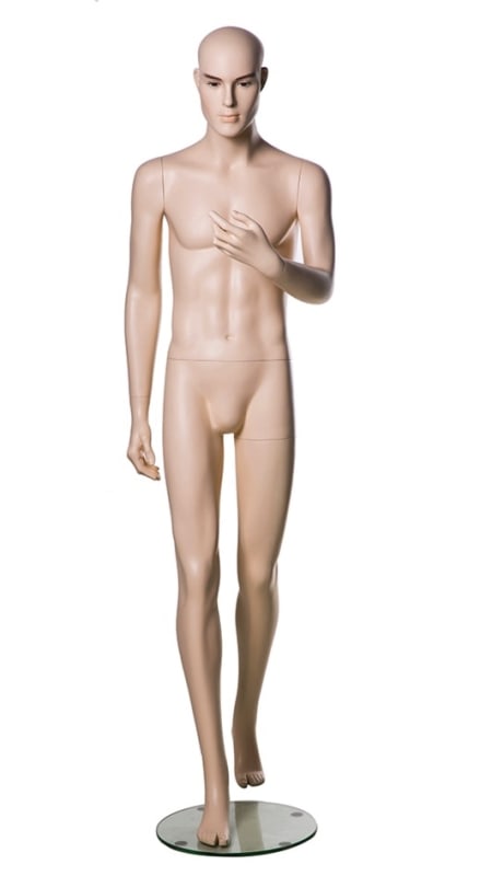 Realistic male mannequin made of flesh-tone fiberglass holding a cell phone prop on a stable glass base for retail lifestyle displays.