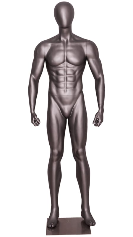 Athletic male mannequin holding weights for gym apparel and fitness retail display