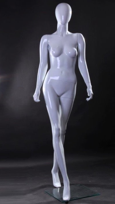 Glossy white female egghead mannequin in a sassy walking pose with a square metal base for retail fashion display.