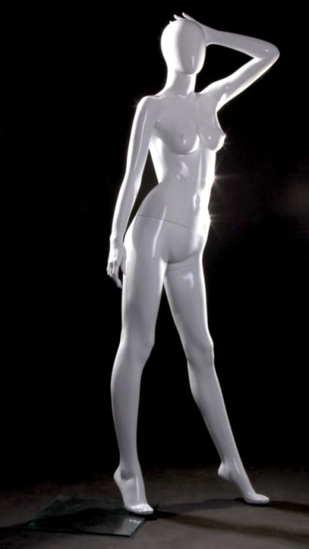 Glossy white female egghead mannequin with hand behind head pose, made of fiberglass with a square metal base.