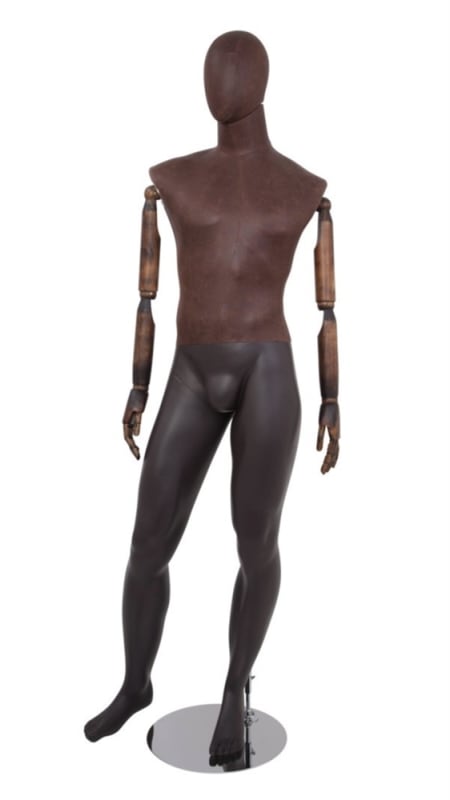 Brown mixed fabric male mannequin with distressed leatherette accents, fiberglass body, removable head, and bendable brown wooden arms