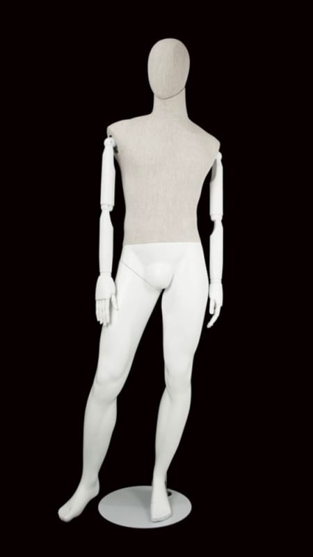 Matte white mixed fabric male mannequin with linen head and torso, fiberglass body, removable head, and bendable white wooden arms