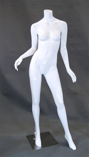 Headless female mannequin in a natural pose with arms bent at the elbows, featuring a chrome base and two support rods for shoe displays.