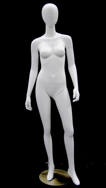 Matte White Female Egghead Mannequin with arms at sides in a standing pose.