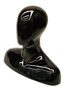 Male abstract egghead mannequin head made of fiberglass with a high gloss black finish and shoulder base for retail display.