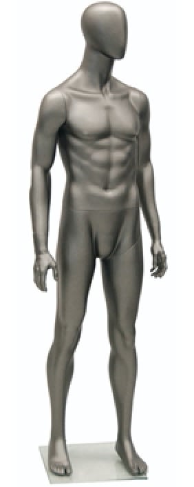 Metallic gray fiberglass male mannequin designed for modern retail clothing and fashion display presentation