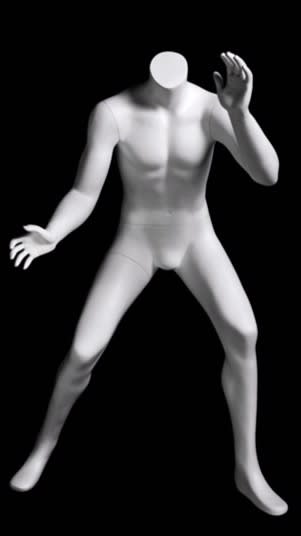 Matte white fiberglass young boy basketball mannequin in a blocking pose with a metal base and calf support for sports apparel displays.