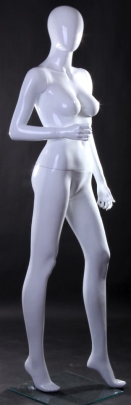 Headless female mannequin Rose in a standing pose, featuring a white glossy fiberglass finish and a square glass base for retail window displays.