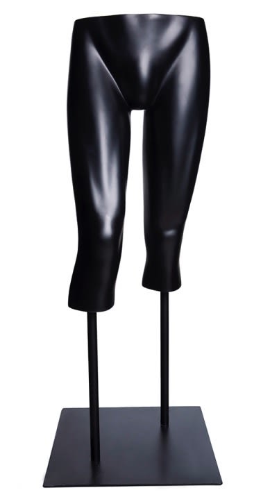 Matte black male mannequin legs in walking pose made of fiberglass with an included base for retail display. Matte black male mannequin legs in walking pose made of fiberglass with an included base for retail display.