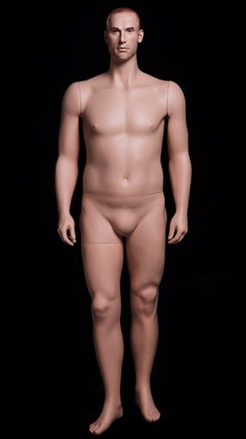 Realistic big chest male mannequin made of fiberglass with molded hair and a metal base for retail clothing displays.