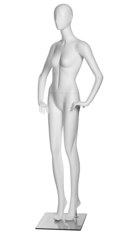 Modern matte white female egghead mannequin made of fiberglass with a metal base for retail fashion display.