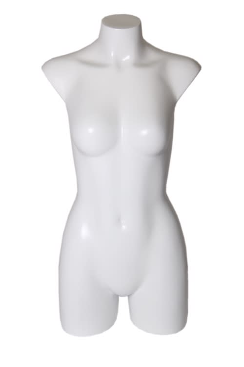 Gloss white female 3/4 mannequin form made of fiberglass in a headless design for retail apparel.