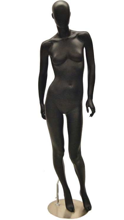 Nicole female egghead mannequin in matte black fiberglass with a sturdy metal base for modern retail displays.
