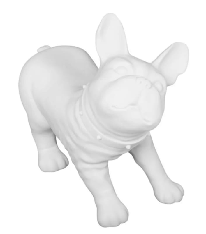 Minimalist matte white plastic French bulldog mannequin with a turnable head and realistic features, ideal for pet boutique clothing displays.