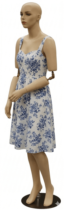Sarah posable female mannequin in fleshtone with makeup, featuring a round chrome base and supporting rods.