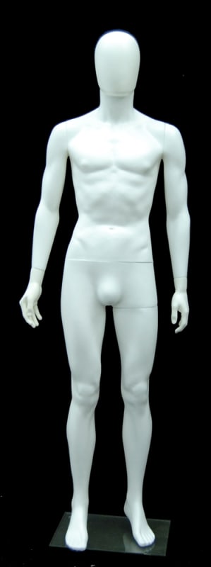 Durable white plastic male egghead mannequin in a standing pose with a glass base and metal calf support for retail showroom display.