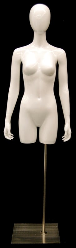 Glossy white fiberglass female 3/4 torso mannequin with egghead and straight arms on a brushed metal base.