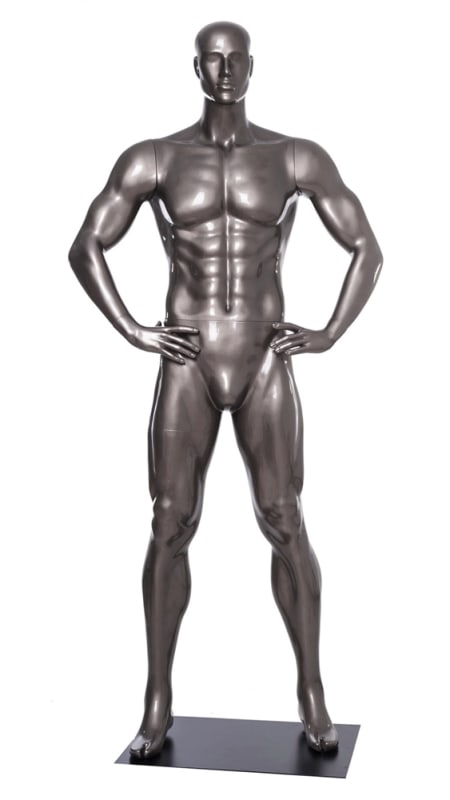 Athletic male mannequin in glossy gray finish for sportswear and activewear retail display