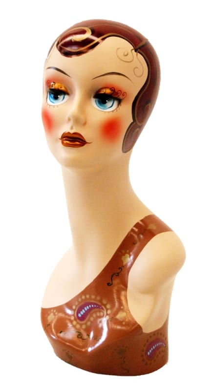Vintage style hand-painted fiberglass female display head with colorful artistic makeup and integrated base for retail accessory merchandising.