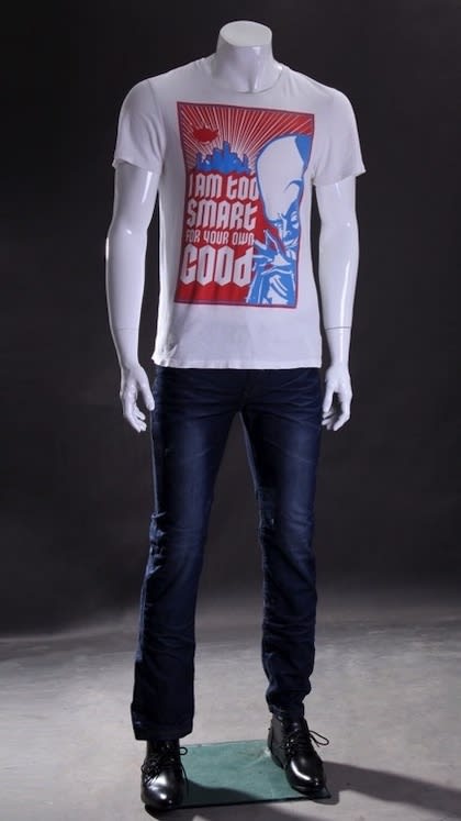 White male headless mannequin in gloss white finish with foot and calf support, ideal for retail displays.