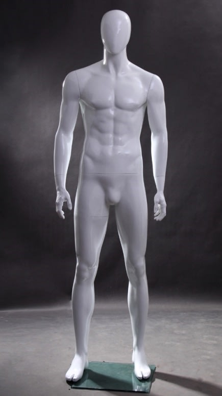 Glossy white egghead male mannequin for retail clothing display and fashion merchandising