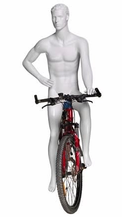 Glossy white male cyclist mannequin with molded hair standing in a resting pose on a square metal base.