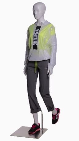 Female walking or hiking mannequin in glossy white finish for outdoor apparel and retail display