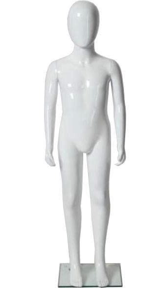 Glossy white abstract unisex child mannequin with detachable arms and glass base Glossy white abstract unisex child mannequin with detachable arms and glass base