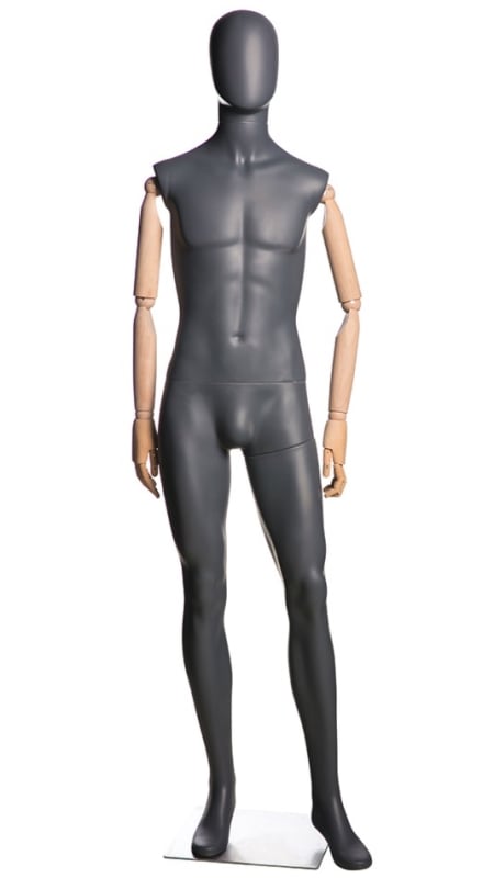 Matte grey male abstract mannequin with wooden posable arms for modern retail clothing displays