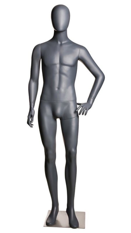 Male egghead mannequin in matte gray fiberglass with left hand on hip pose on a metal base.