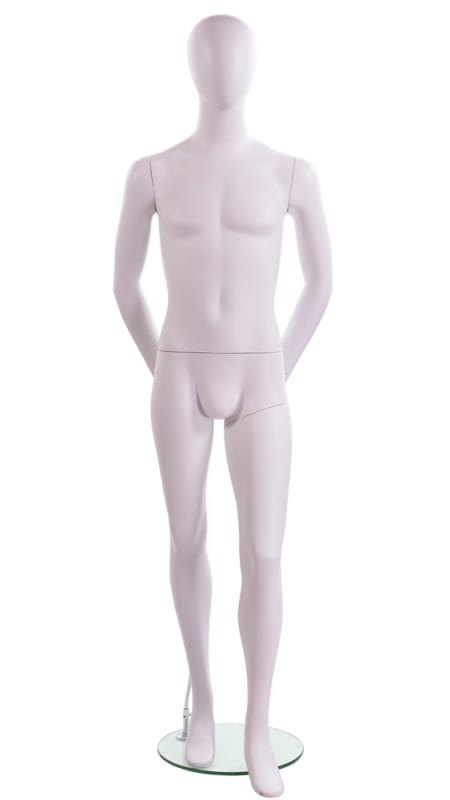 Matte white fiberglass male egghead mannequin with hands on hips and round glass base
