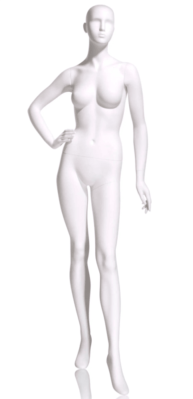 Dianna Series female mannequin in cameo white with right hand on hip, left leg forward, and tempered glass base