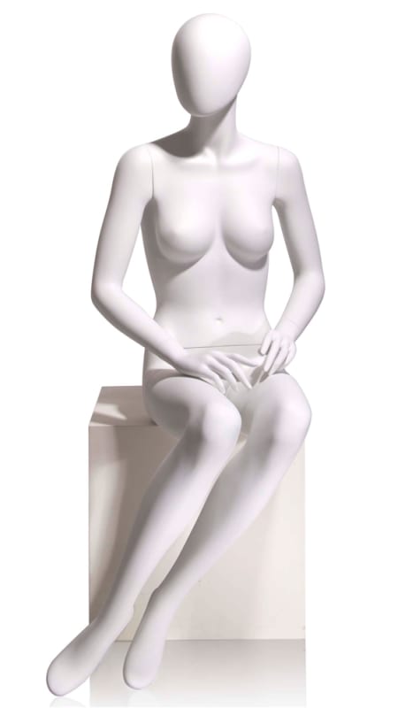 dianna egghead female mannequin seated pose p6 matte white retail display zing display